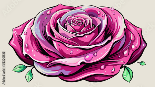 high contrast, pink rose front, almost top view with little water droplets 