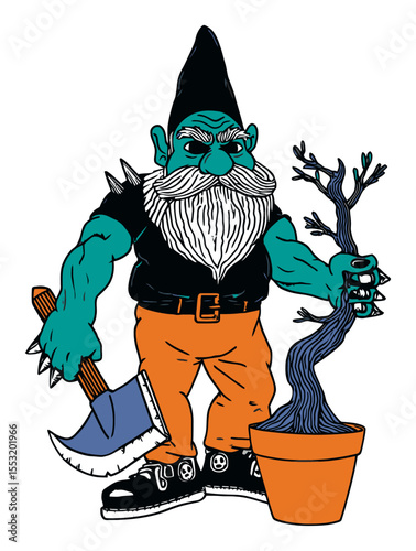 Fearsome Garden Gnome Holds Axe and Bonsai Tree in Unique Vector Art Style