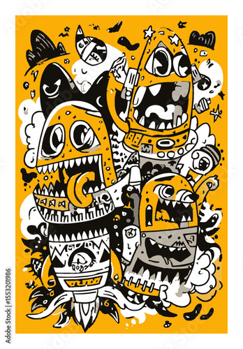 Whimsical Monsters and Rockets in Abstract Doodle Style Artwork