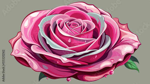 high contrast, pink rose front, almost top view with little water droplets 