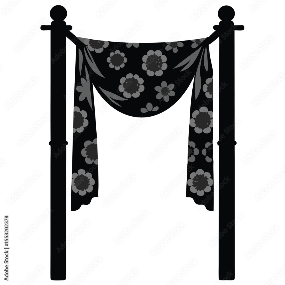Vector art of floral curtain draped between posts isolated on white background