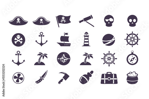 Set of Pirate and Nautical Icons. Black Silhouettes Including Ships, Anchors, Flags, Treasure, and Island Elements Vector Illustration on White Background.