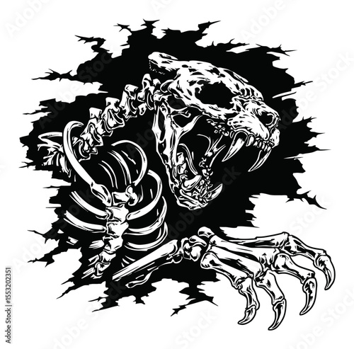Detailed Engraving of a Growling Bear Skeleton Breaking Through Background