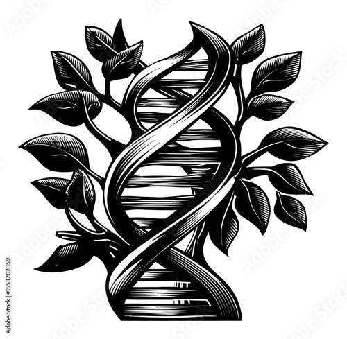 Intricate Engraving of DNA Helix Combined with Leafy Tree Design