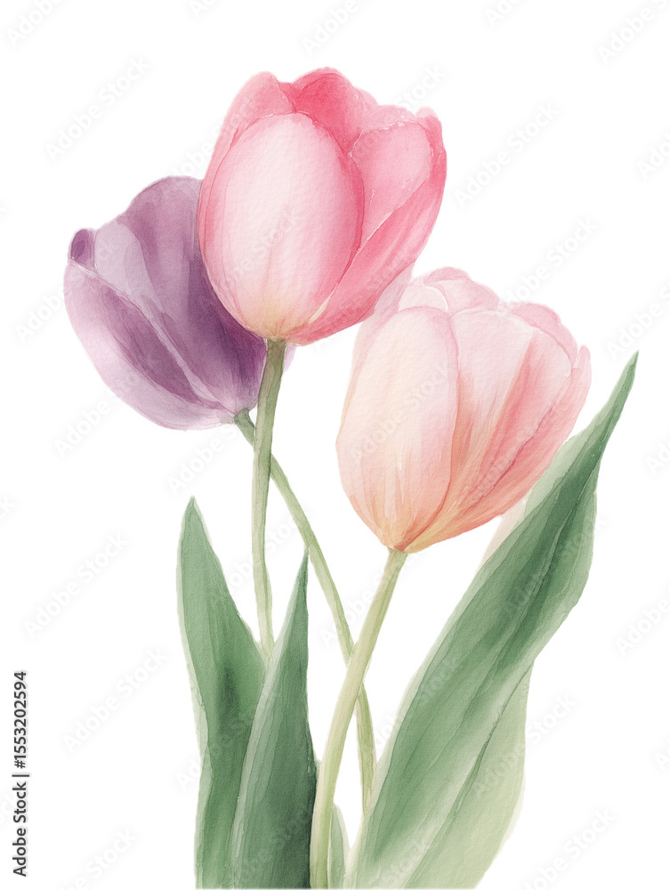 Fototapeta premium Delicate watercolor tulips in hues of pink and purple, transparent background, with generous space around the high-definition illustration. 