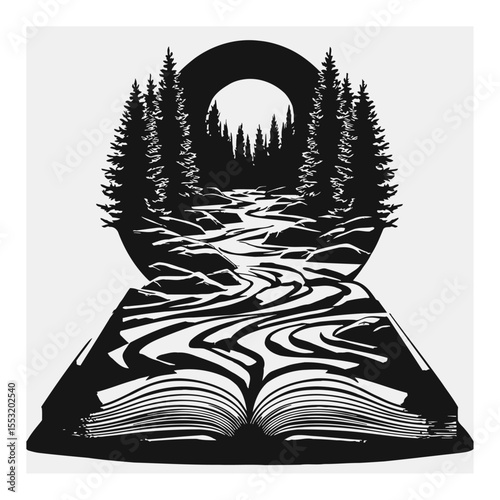 Black and White Engraving of Open Book with Landscape and Trees