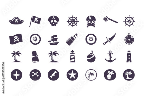 Set of Pirate and Nautical Icons. Black Silhouettes Including Ships, Anchors, Flags, Treasure, and Island Elements Vector Illustration on White Background.