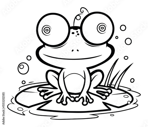Playful Frog Illustration with Large Eyes Sitting on a Lily Pad
