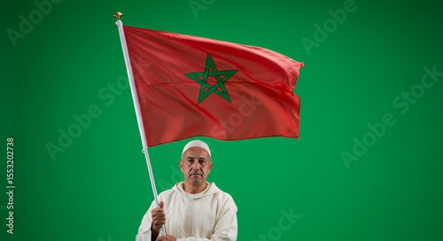 Proud Moroccan Man Holds National Flag High Against Green Background