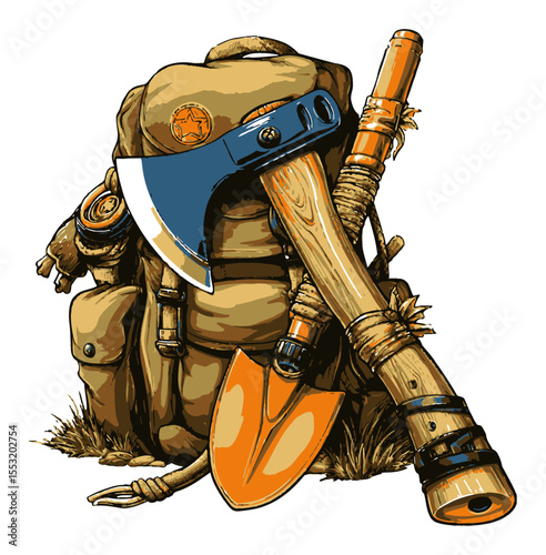 Adventure Gear Collection with Backpack, Axe, Shovel, and Walking Stick