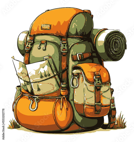 Colorful Hiking Backpack with Map, Tent Roll and Adventure Gear for Outdoor Fun