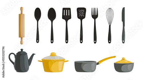 Vector set of kitchen utensils and cookware with yellow accents, modern cooking tools collection, flat design illustration, isolated