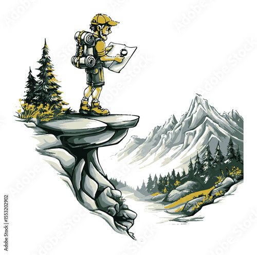 Adventurous Hiker Observing Scenic Mountains in Nature Landscape