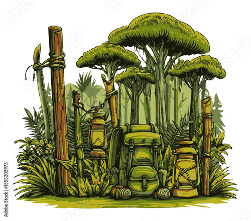 Lush Jungle Scene with Backpack, Lanterns, and Adventure Gear in Nature