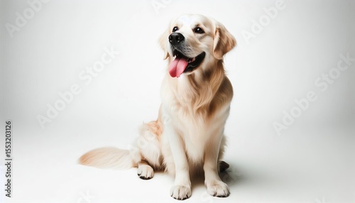 Golden is sitting on a white background, looking friendly and relaxed.
