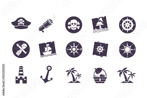 Set of Pirate and Nautical Icons. Black Silhouettes Including Ships, Anchors, Flags, Treasure, and Island Elements Vector Illustration on White Background.