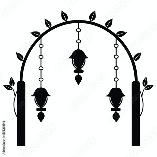 Vector art of a decorative arch with hanging lanterns and leaves is isolated on a white background