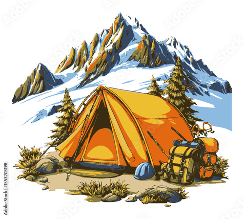 Cozy Camping Tent Surrounded by Majestic Mountains and Tall Pines