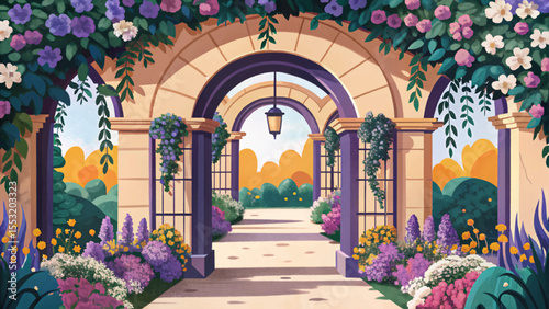 Romantic garden archway adorned with blooming vines and flowers vector, ideal for wedding themes, romantic settings, springtime, and botanical elegance