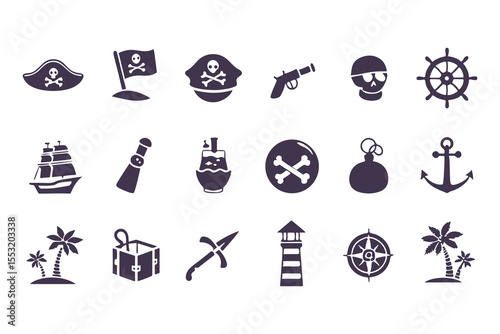 Set of Pirate and Nautical Icons. Black Silhouettes Including Ships, Anchors, Flags, Treasure, and Island Elements Vector Illustration on White Background.