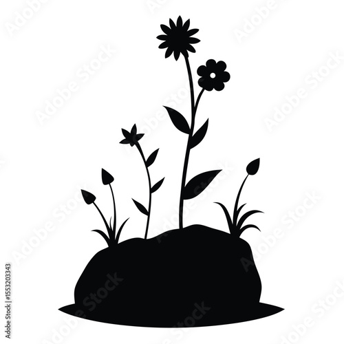 Vector art of a silhouette of various flowers growing on a rock is isolated on a white background