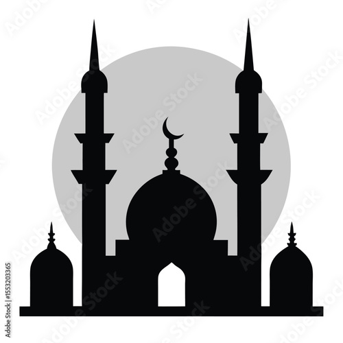 Vector art of a silhouette of a mosque is isolated on a white background with a gray circle behind it