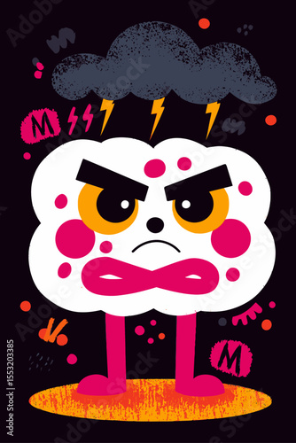 Angry Cloud Cartoon Character with Colorful Features and Bold Expressions