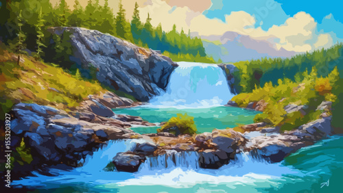 Cascade in the forest illustration