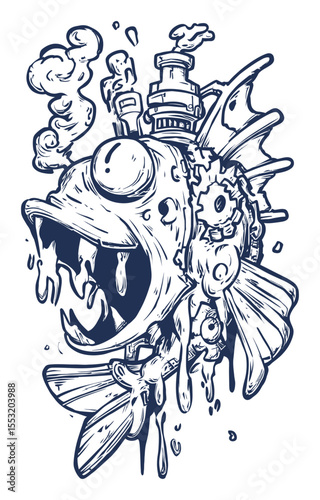Intricate Hand-Drawn Illustration of a Steampunk Fish Design