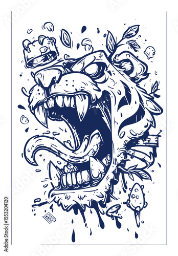 Artistic Hand-Drawn Illustration of a Fierce Roaring Lion in Blue Ink Style