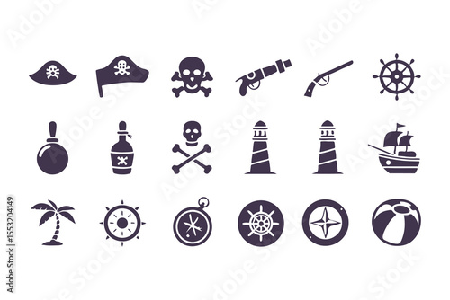 Set of Pirate and Nautical Icons. Black Silhouettes Including Ships, Anchors, Flags, Treasure, and Island Elements Vector Illustration on White Background.