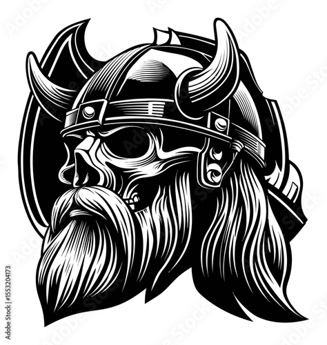 Detailed Engraving of a Skull with Viking Helmet and Beard Design