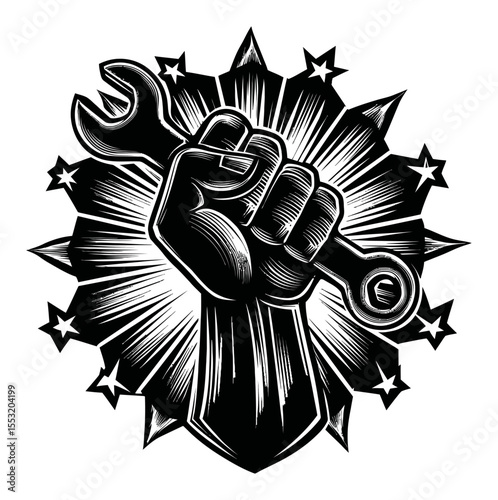 Powerful Hand Holding Wrench in Engraving Style with Starburst Background