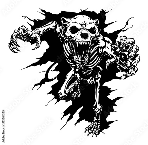 Intricate Engraving of a Fearsome Skeleton Creature Breaking Through Wall