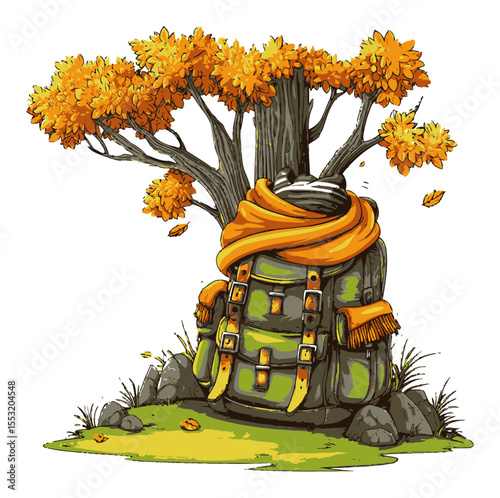 Vibrant Adventure Backpack Surrounded by Autumn Trees and Scenic Nature