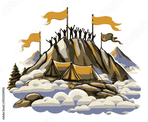 Adventure Awaits: Mountain Peak with Tents and Celebrating Hikers in Mist