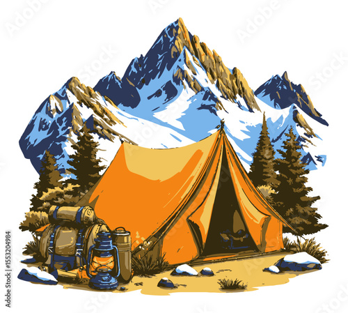 Scenic Camping Adventure in Majestic Mountain Landscape with Gear