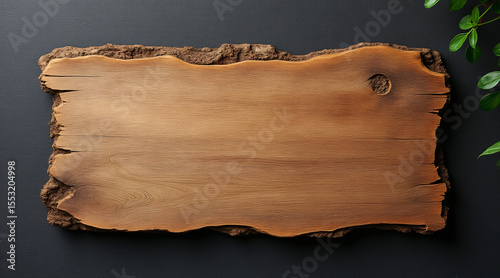 Natural Wood Plank with Rustic Edge on Dark Background and Green Leaf Accent