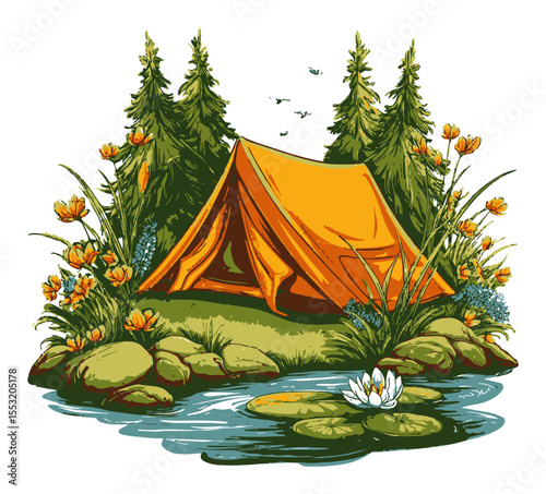 Cozy Camping Scene with Tent Surrounded by Wildflowers and Nature