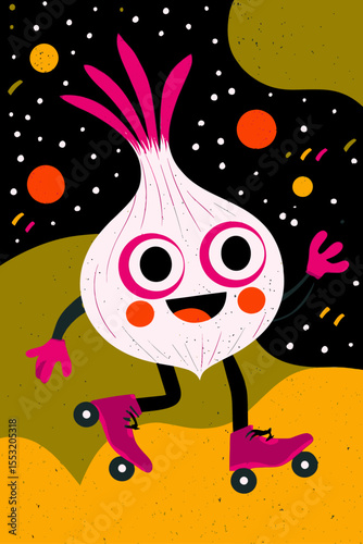Playful Cartoon Garlic Character Skating on Rollerblades in Vibrant Background