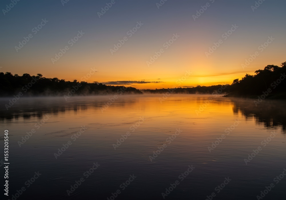 Fototapeta premium Nascer do sol no rio Amazonas com neblina matinal sobre a água