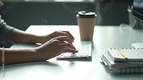 Hands typing on keyboard next to a takeaway coffee cup