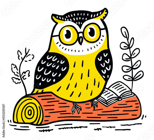 Cute Illustrated Owl Sitting on Log with Open Book and Leaves