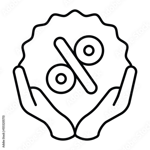 Hands and discount sticker thin line icon, black friday concept. Vector graphics. Sticker with percentage and hands sign on white background, style mobile or design.
