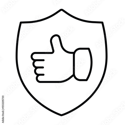 Shield with thumb up hand thin line icon, black friday concept. Vector graphics. Positive feedback emblem sign on white background, style mobile or design.