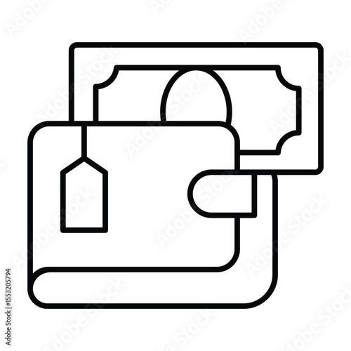 Wallet and banknote thin line icon, black friday concept. Vector graphics. Leather purse and paper bill, payment sign on white background, style mobile or design.