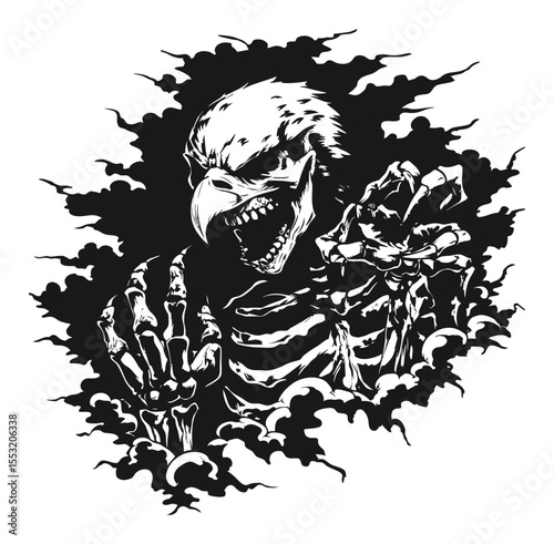 Intricate Engraving of a Menacing Skeleton with Bird Skull Features