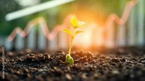 Young green plants grow from fertile soil under sunlight. Symbol of life growth, development, renewal, potential. Graphics in the background. 4k video