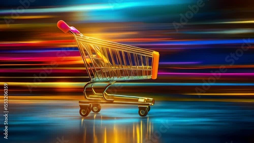 Shopping cart against a background of bright and blurred color stripes. The fast pace of modern life and online shopping. Ideas of e-commerce, shopping, and online trading.