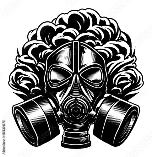 Detailed Black and White Engraving of a Gas Mask with Billowing Smoke